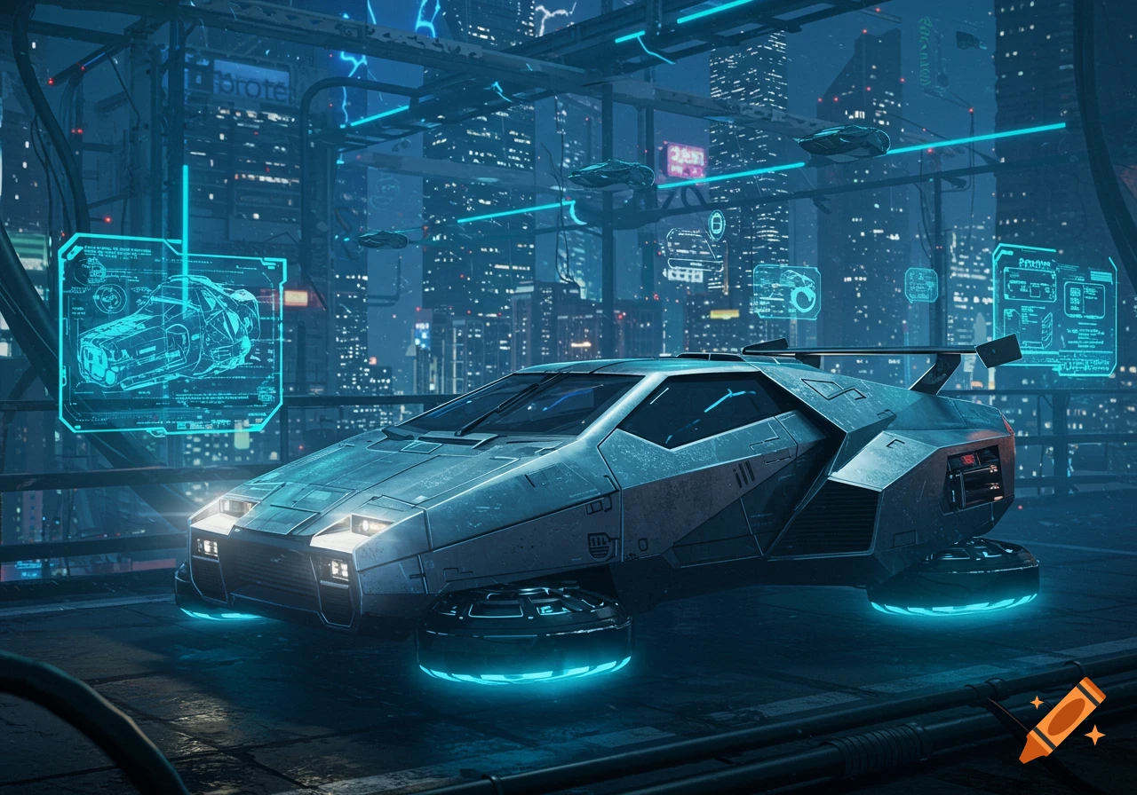 A sleek silver futuristic hovercar with neon blue lights on a platform in a dark, neon-lit cyberpunk city, with holographic displays floating around.