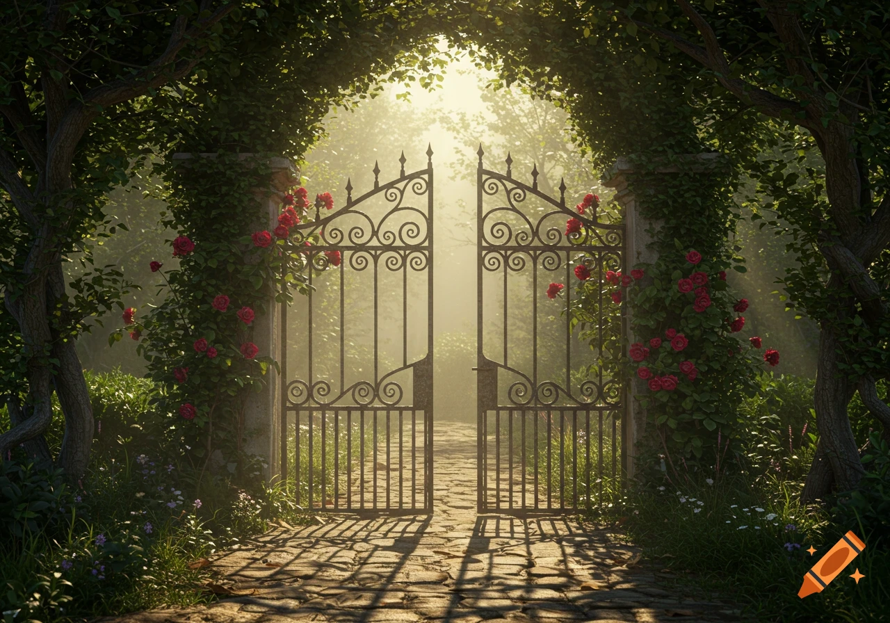 Ornate wrought iron garden gate with climbing red roses, surrounded by lush green trees and foliage, bathed in misty sunlight.