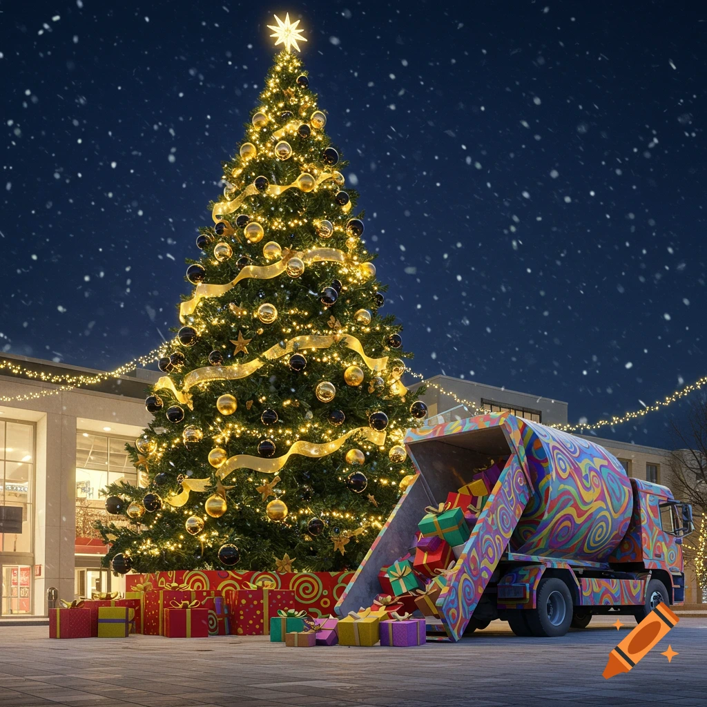 A large, decorated Christmas tree stands in falling snow at night, surrounded by presents, next to a colorful concrete truck spilling out more gifts.