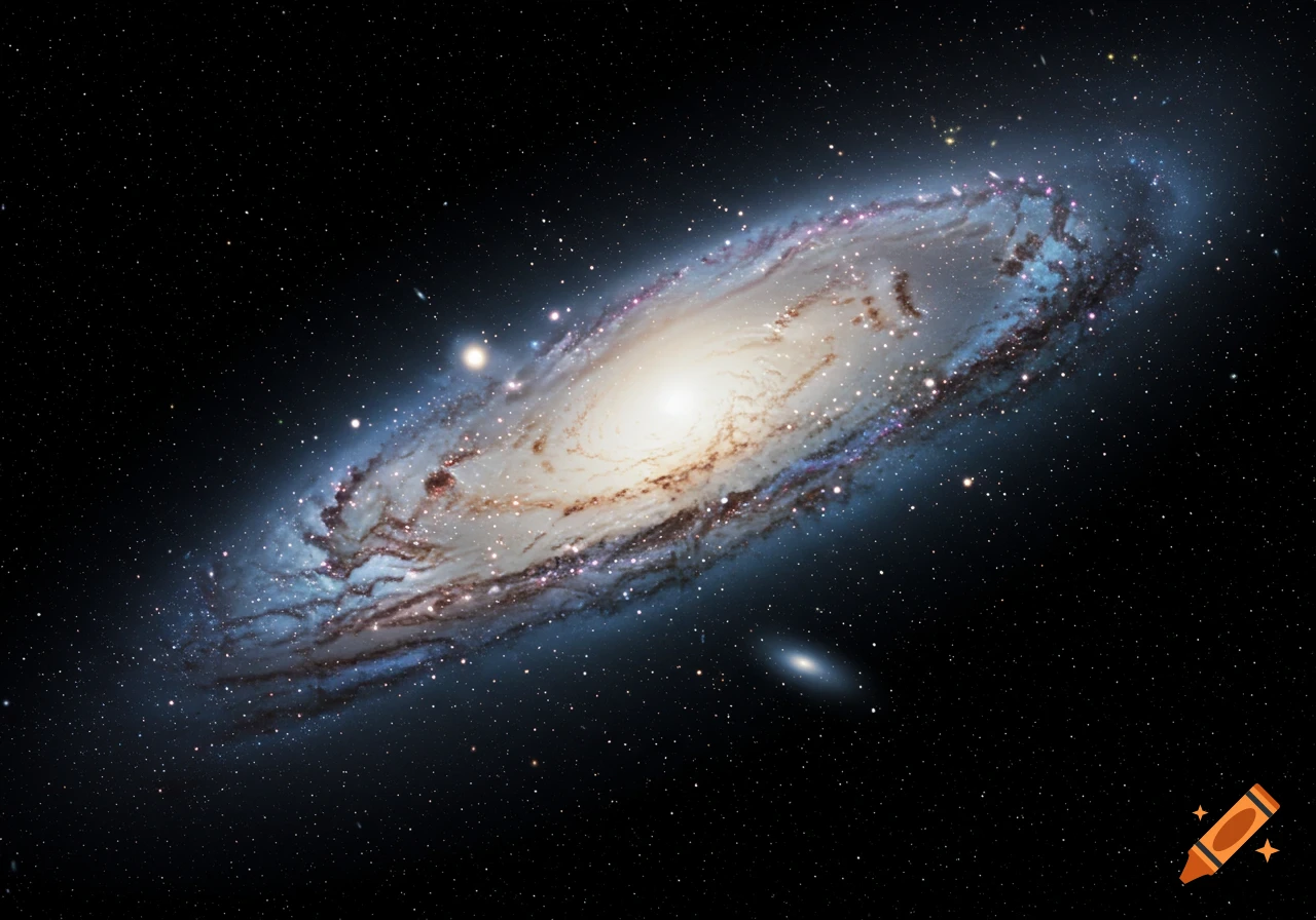 A vast spiral galaxy, Andromeda, with a bright white-yellow core and blue-tinted swirling arms filled with stars, against a dark starry cosmos.
