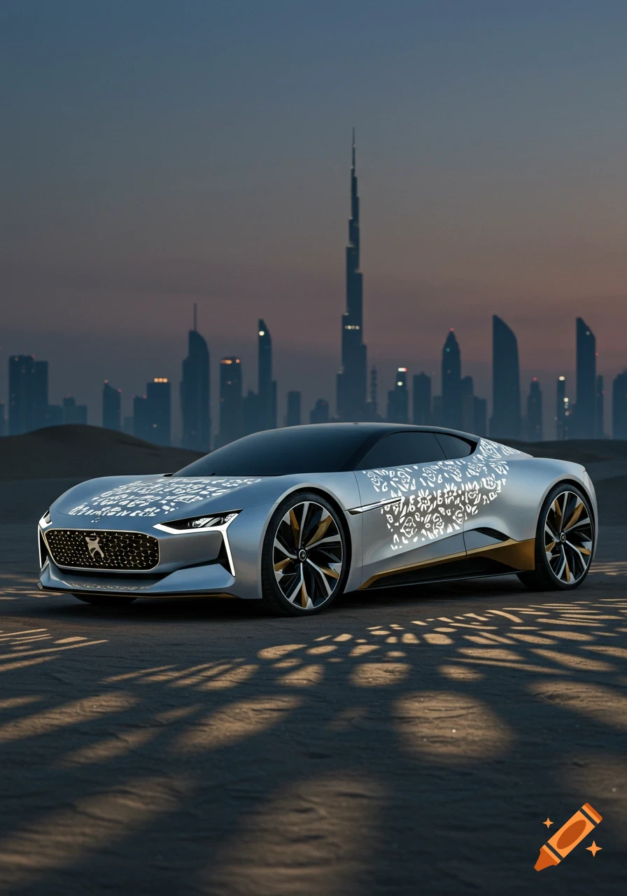 A silver futuristic concept car with white patterns and gold trim sits in a desert with long shadows, backed by the Dubai skyline at dusk.