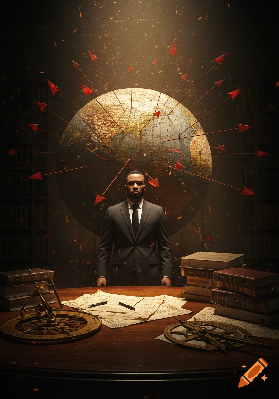 A man in a suit stands behind a desk with papers, old books, and navigational instruments. Behind him is a large globe with red arrows pointing at various locations, in a dark, atmospheric room with bookshelves.