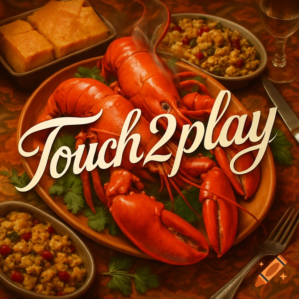 A photorealistic overhead view of a cooked red lobster on a platter with Thanksgiving side dishes, overlaid with 'Touch2play'.