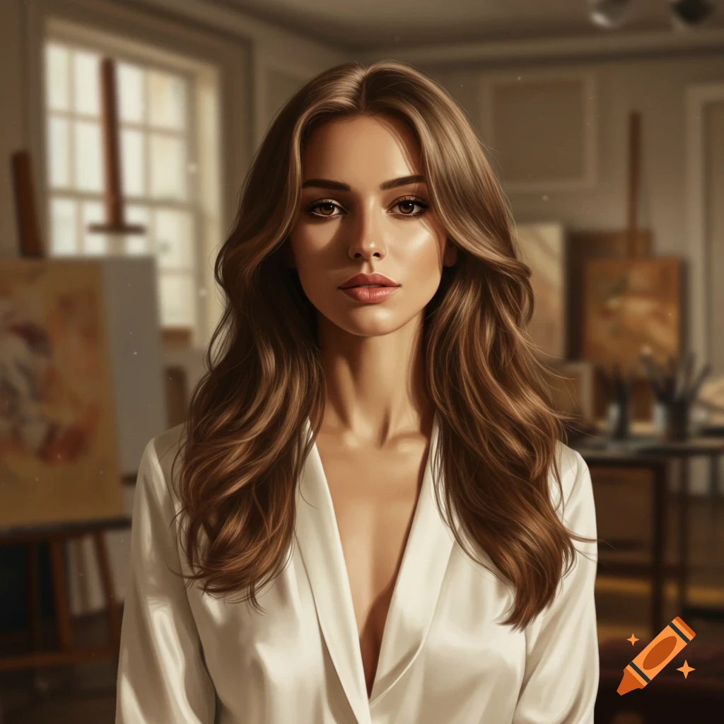 Photorealistic portrait of a woman with long brown hair wearing a white silky top, standing in an art studio.