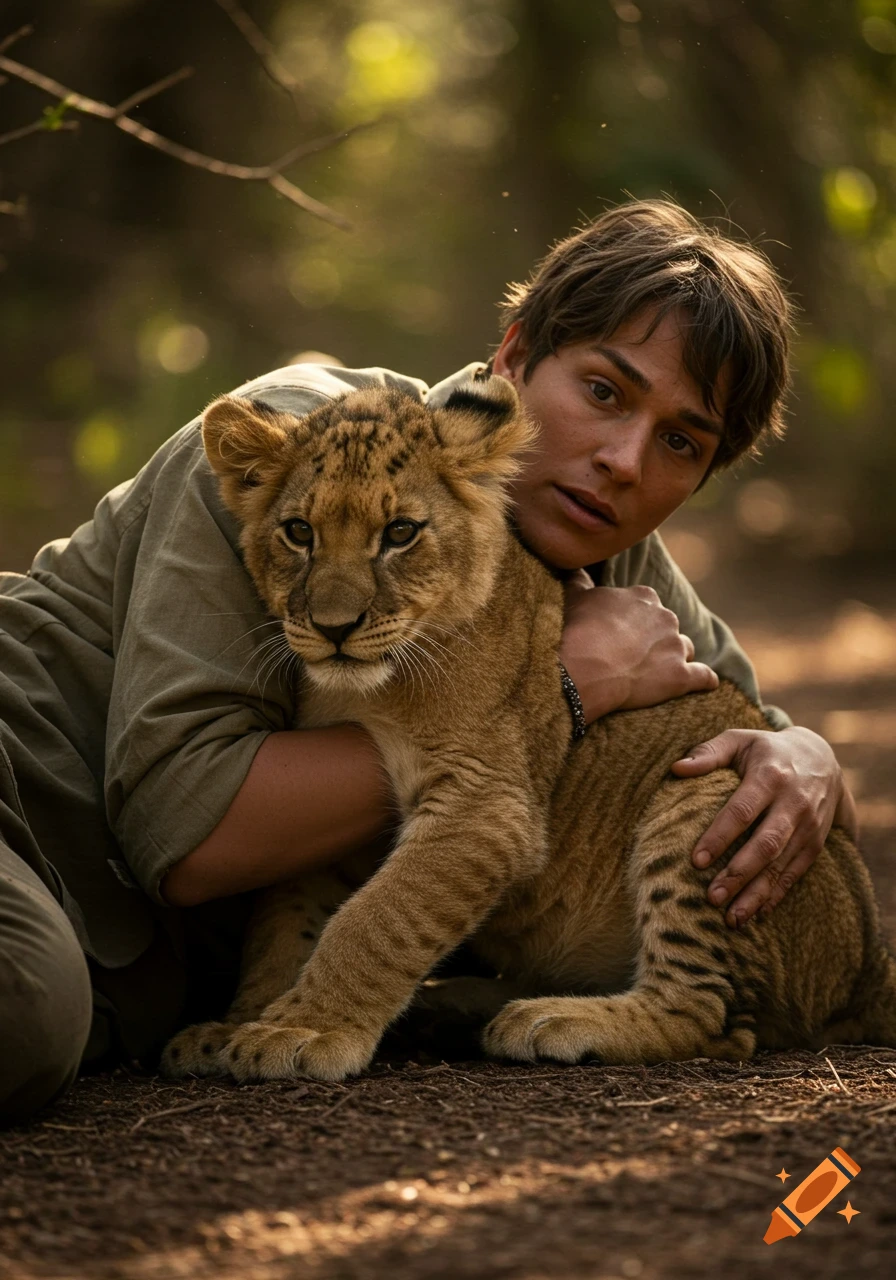 A photorealistic image of a young person in olive clothing hugging a lion cub in a warm, soft outdoor setting.