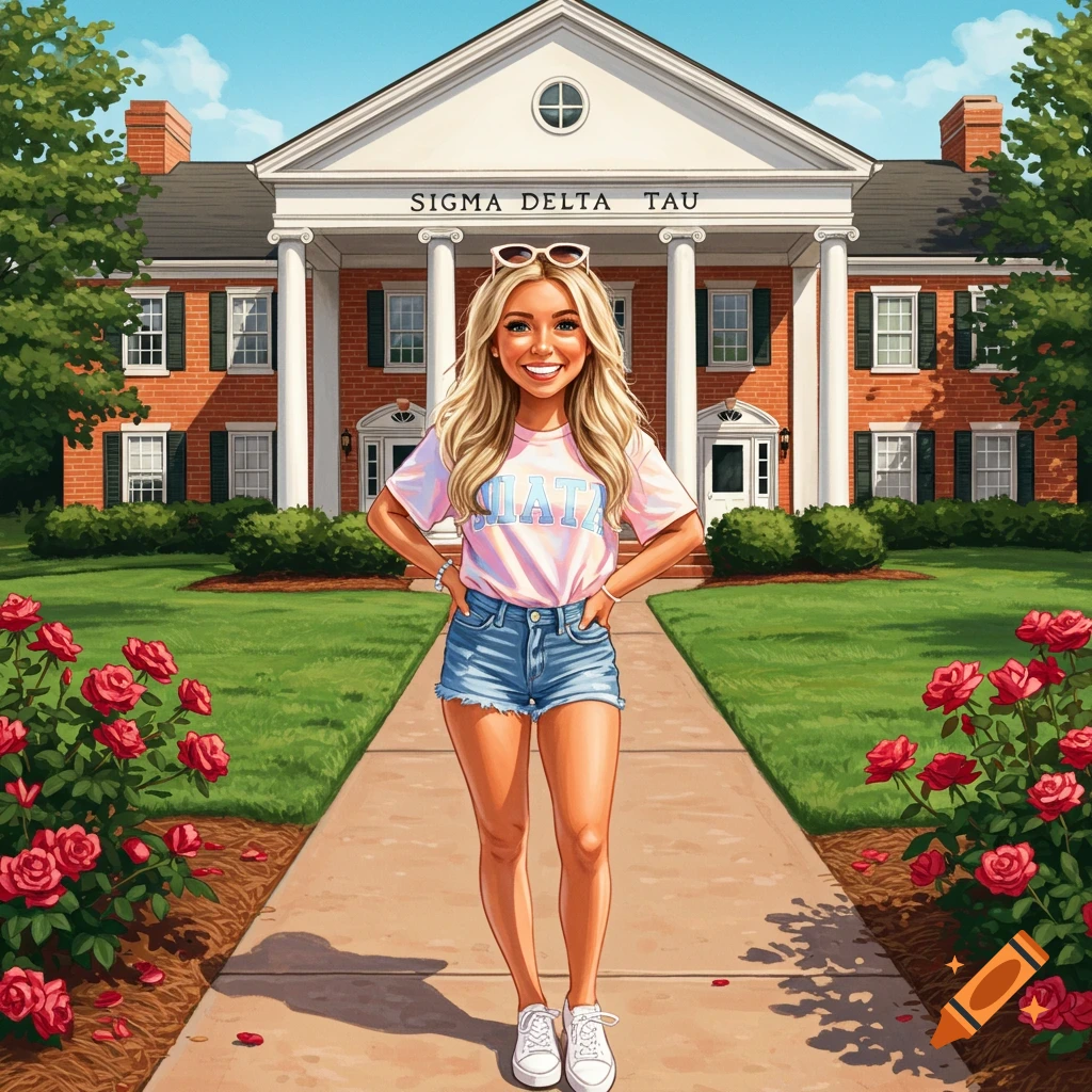 An illustration of a smiling blonde sorority girl in shorts and a t-shirt, standing in front of a large brick house with columns.