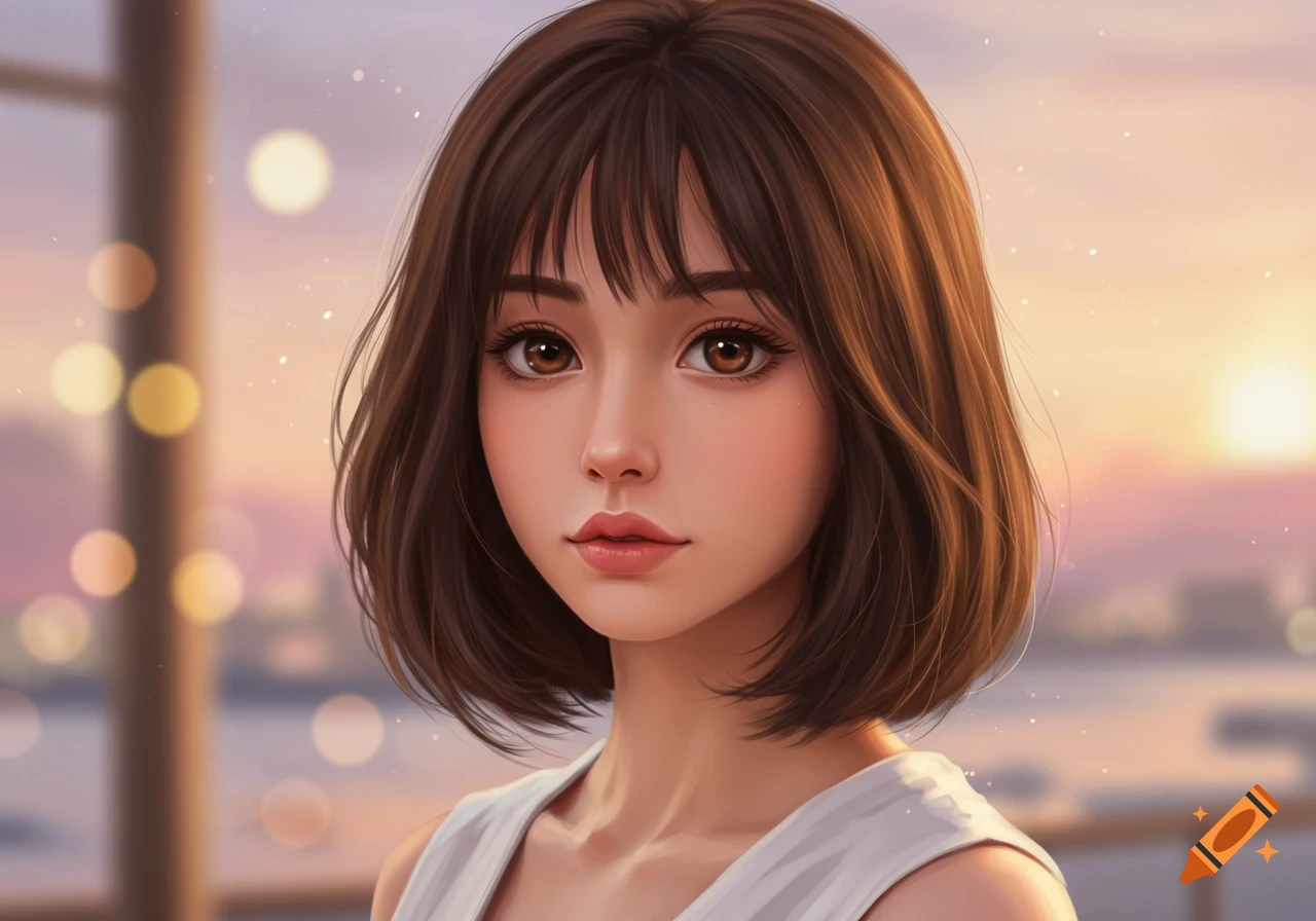 Digital painting portrait of a young woman with a brown bob and brown eyes, looking forward, with a soft sunset background.