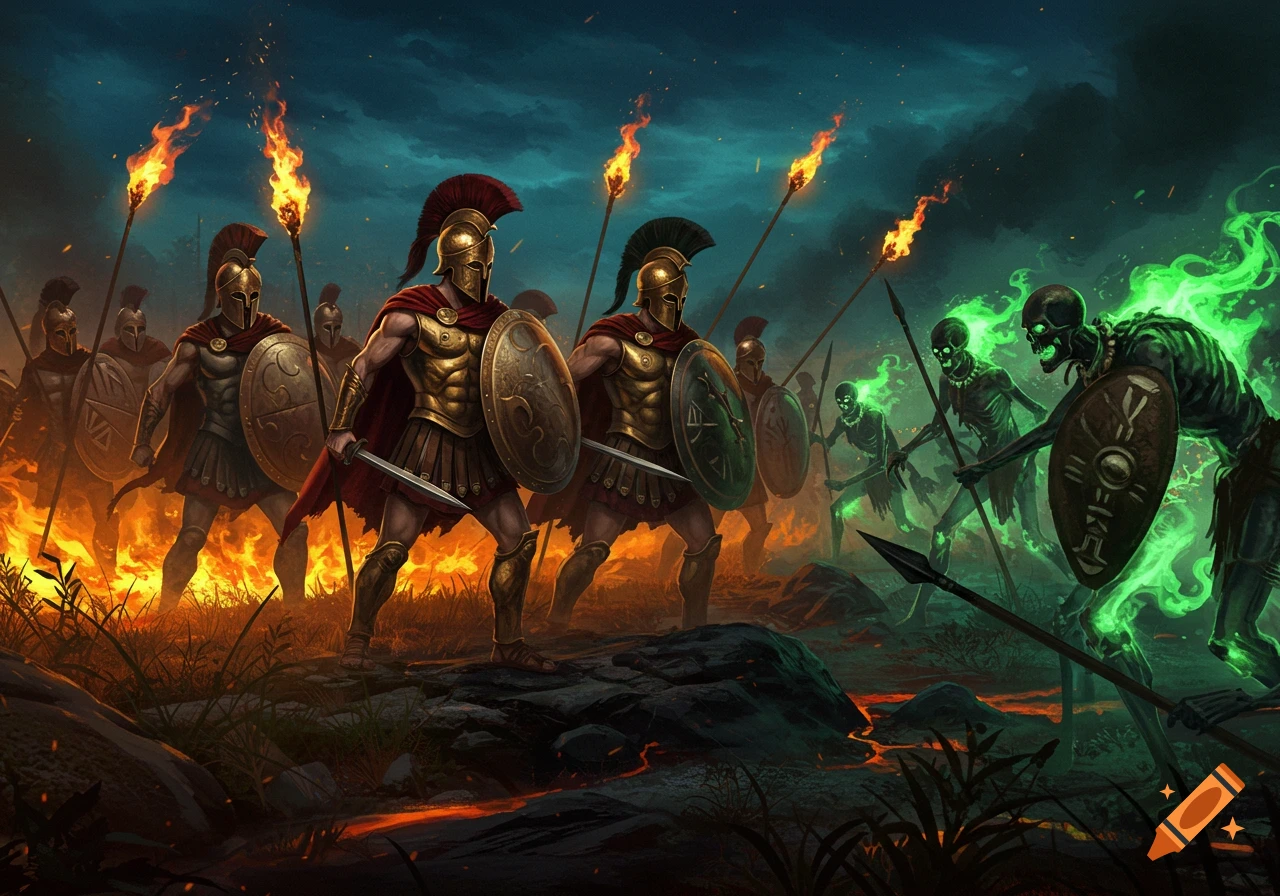 Spartan warriors with flaming spears face off against glowing green undead skeletons in a dark fantasy battle.