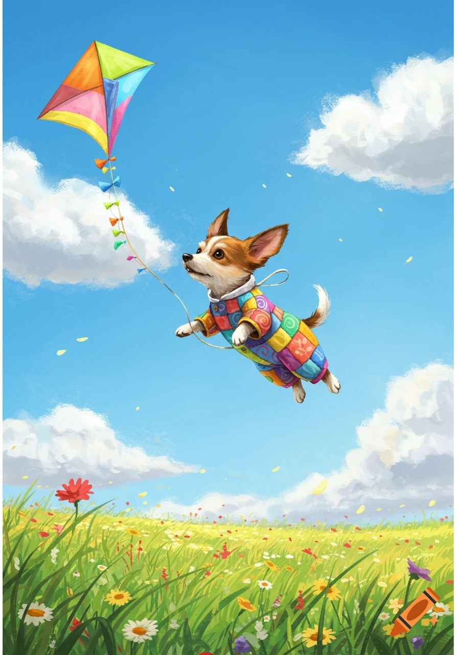 A small dog in a colorful patchwork jumpsuit flies like a kite in a blue sky above a field of wildflowers.