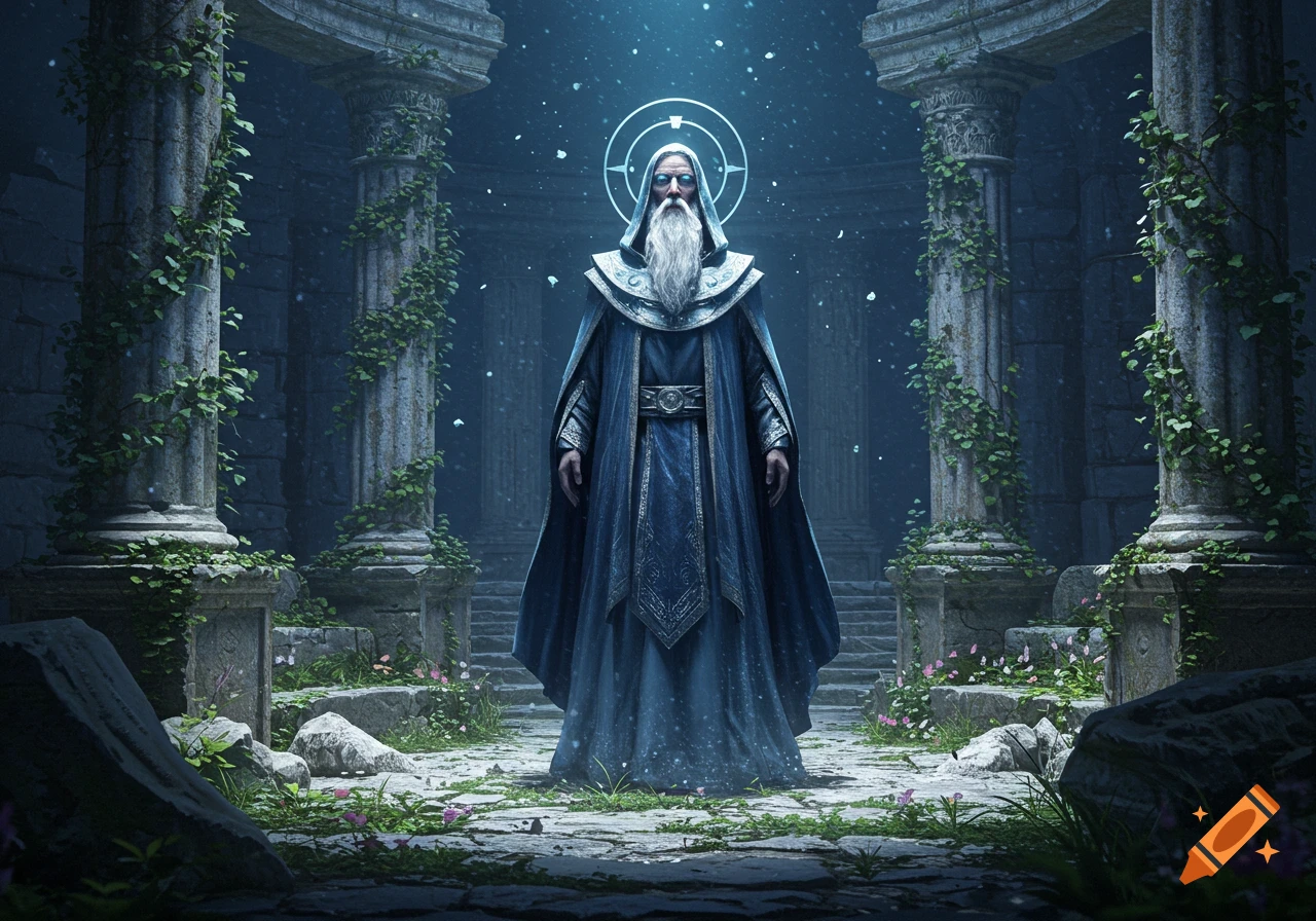 A bearded wizard in a blue robe stands in ancient stone ruins covered in vines, with a glowing symbol above his head.
