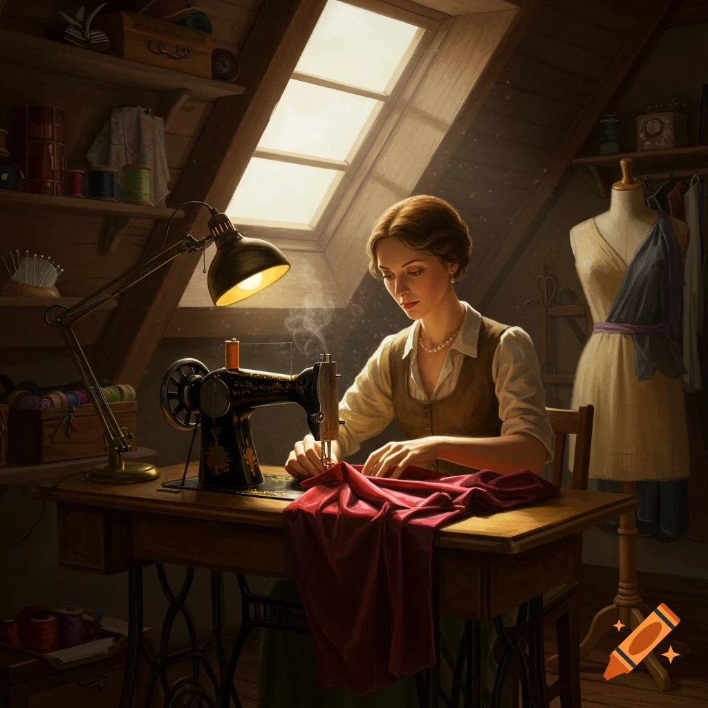 A woman sews red fabric on a vintage sewing machine in a warm, sunlit attic workshop, with a mannequin standing by.