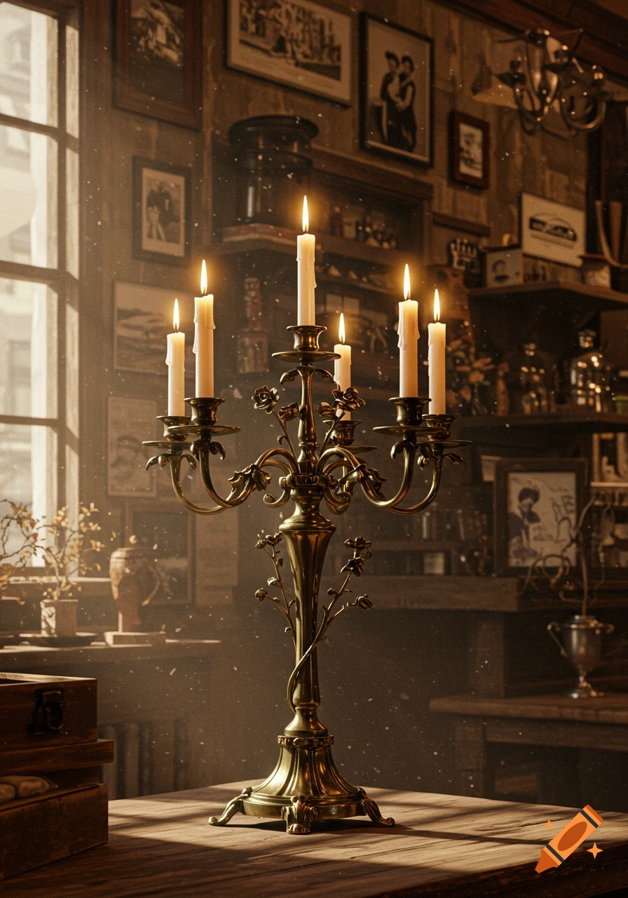 Ornate brass candlestick with lit candles on a wooden table, illuminated by sunlight in a vintage room with framed photos and shelves.