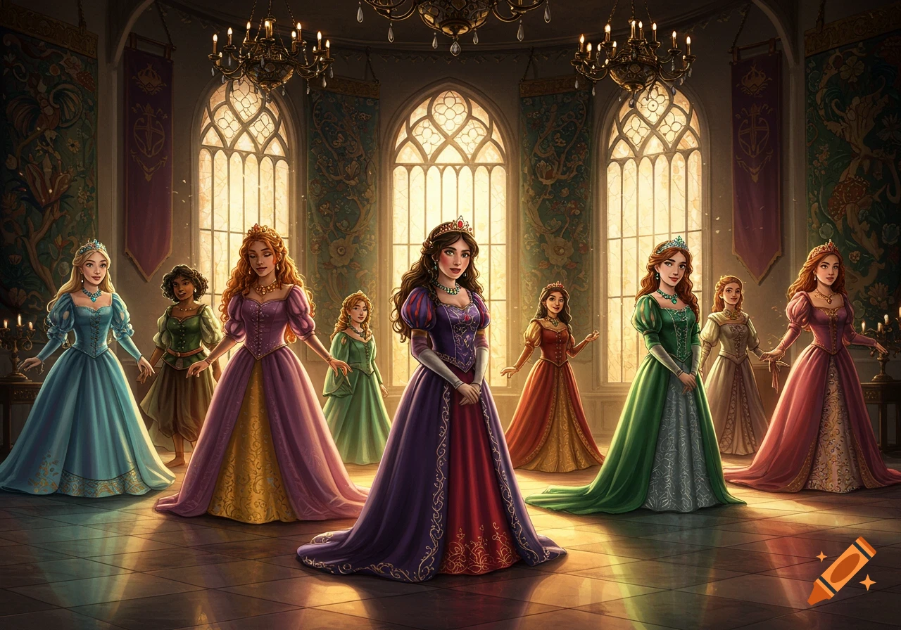 Eight diverse princesses in elaborate gowns and crowns pose in a grand, sunlit ballroom.