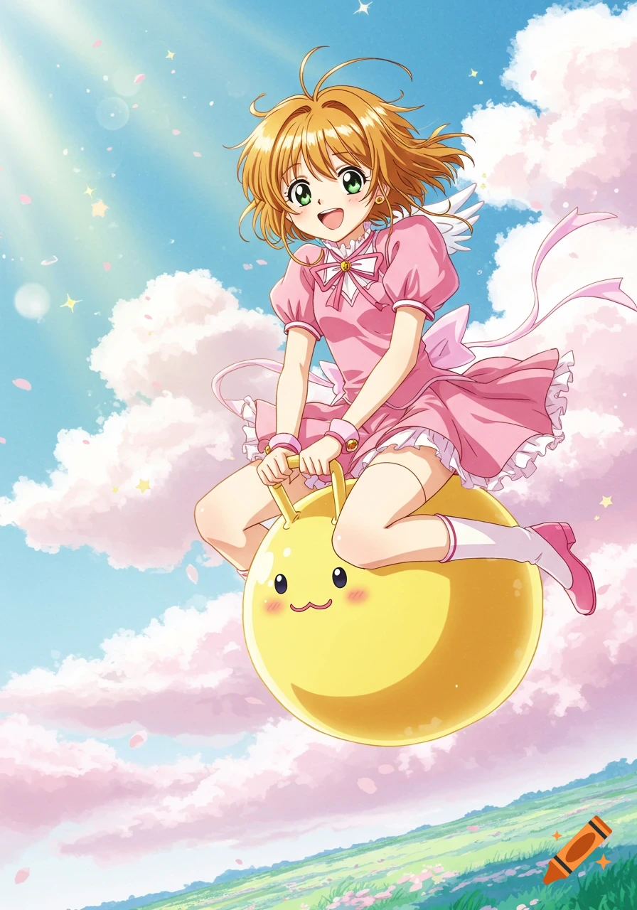 An anime girl with orange hair and a pink dress bounces on a yellow space hopper under a bright blue sky with pink clouds and a green field.