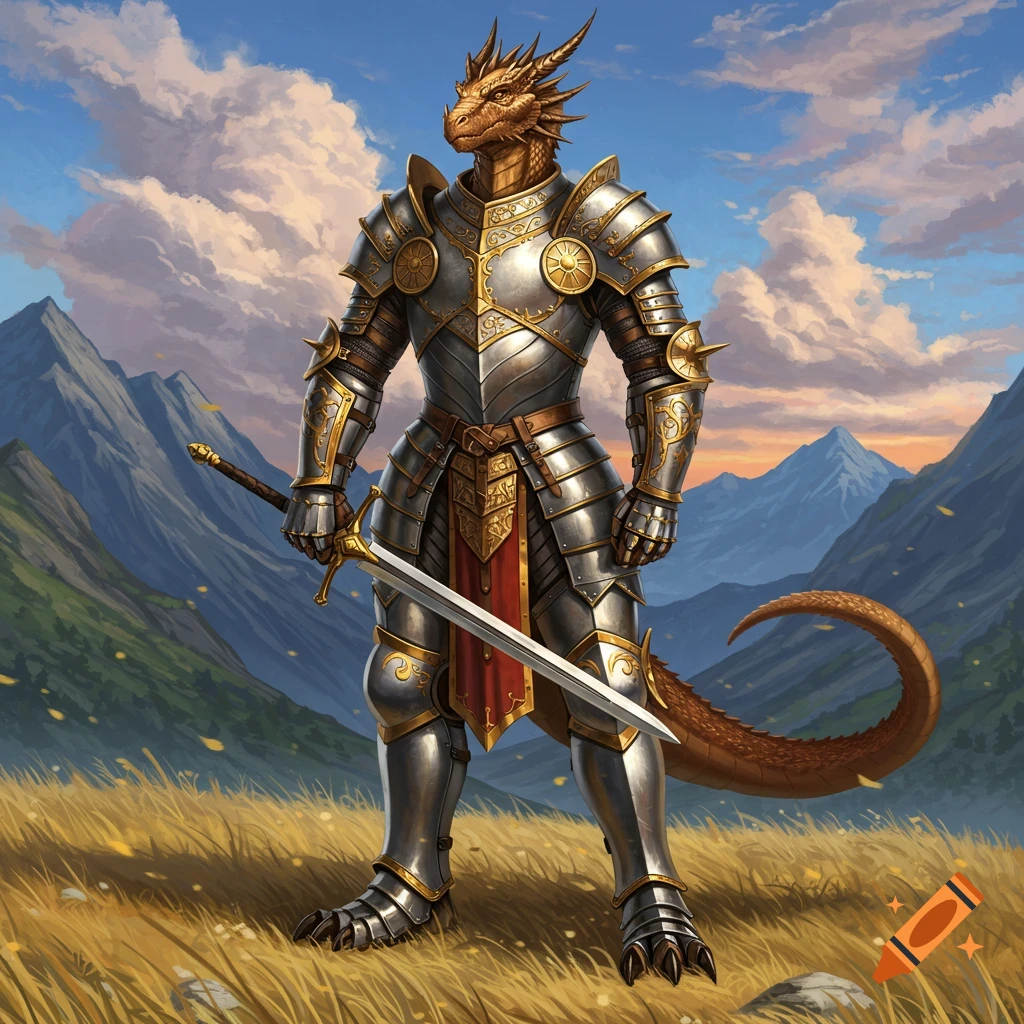 A bronze dragonborn warrior in full ornate steel and gold armor stands in a grassy mountain field, holding a sword.