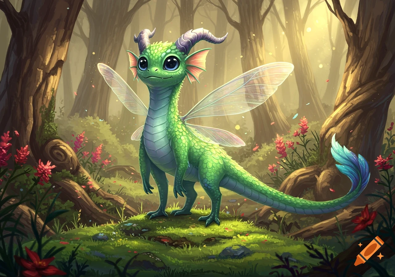 A cute, small green dragon with large blue eyes, purple horns, and transparent fairy wings stands in a magical forest among red flowers.