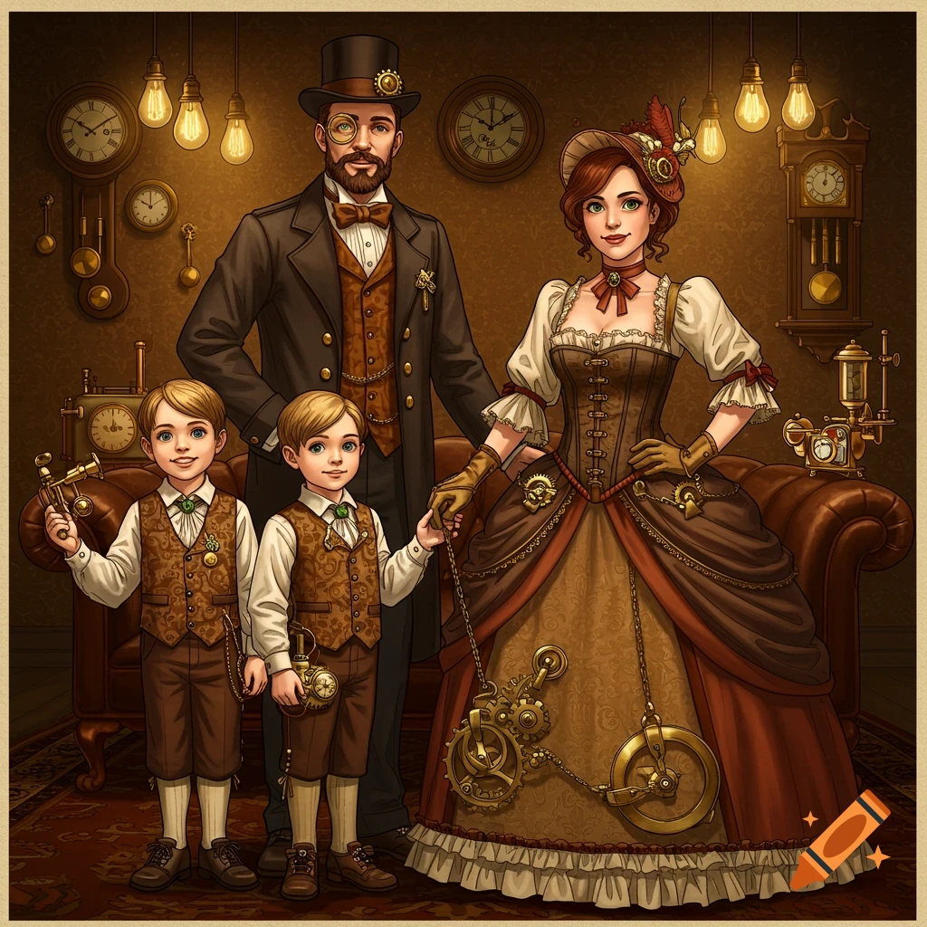 A steampunk family portrait of a man, woman, and two boys in an ornate room with clocks and gears.