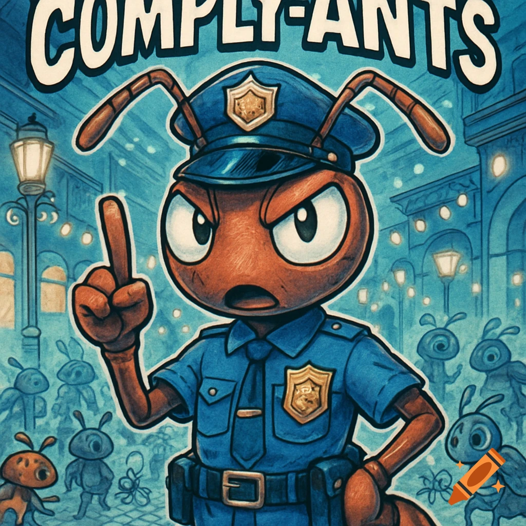 A cartoon ant police officer with an angry expression points its finger up, standing in a city street. Text at the top reads "COMPLY-ANTS".
