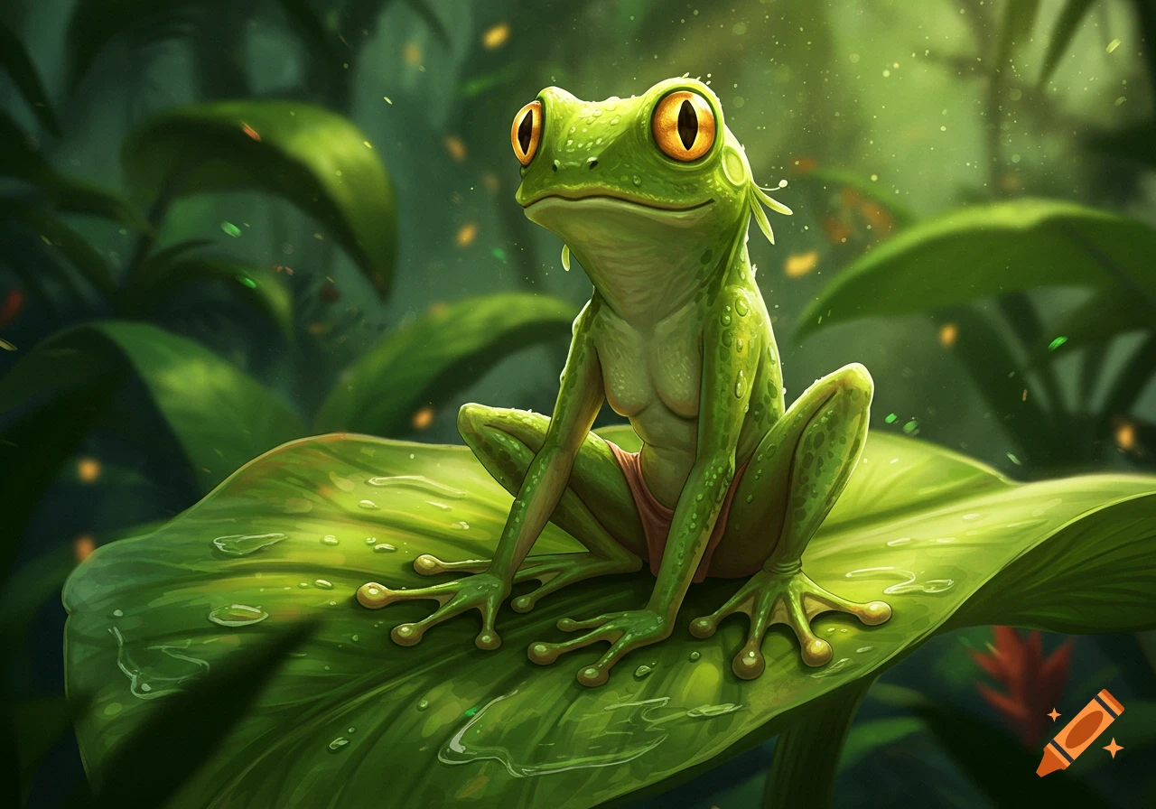 A stylized green female frog creature with large orange eyes, wearing a loincloth, sitting on a leaf in a vibrant jungle.