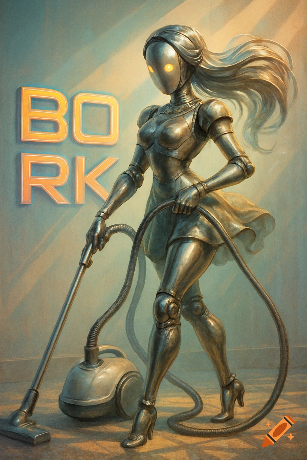 A stylized metallic female robot with long hair holds a vacuum cleaner, standing in front of a wall with the word "BORK" in glowing orange letters.