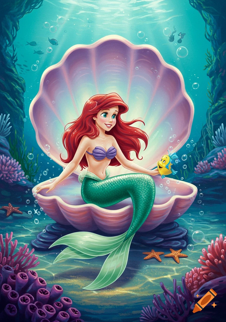 Ariel, Disney's Little Mermaid, sits smiling in a giant pink clam shell underwater, surrounded by colorful coral and fish.