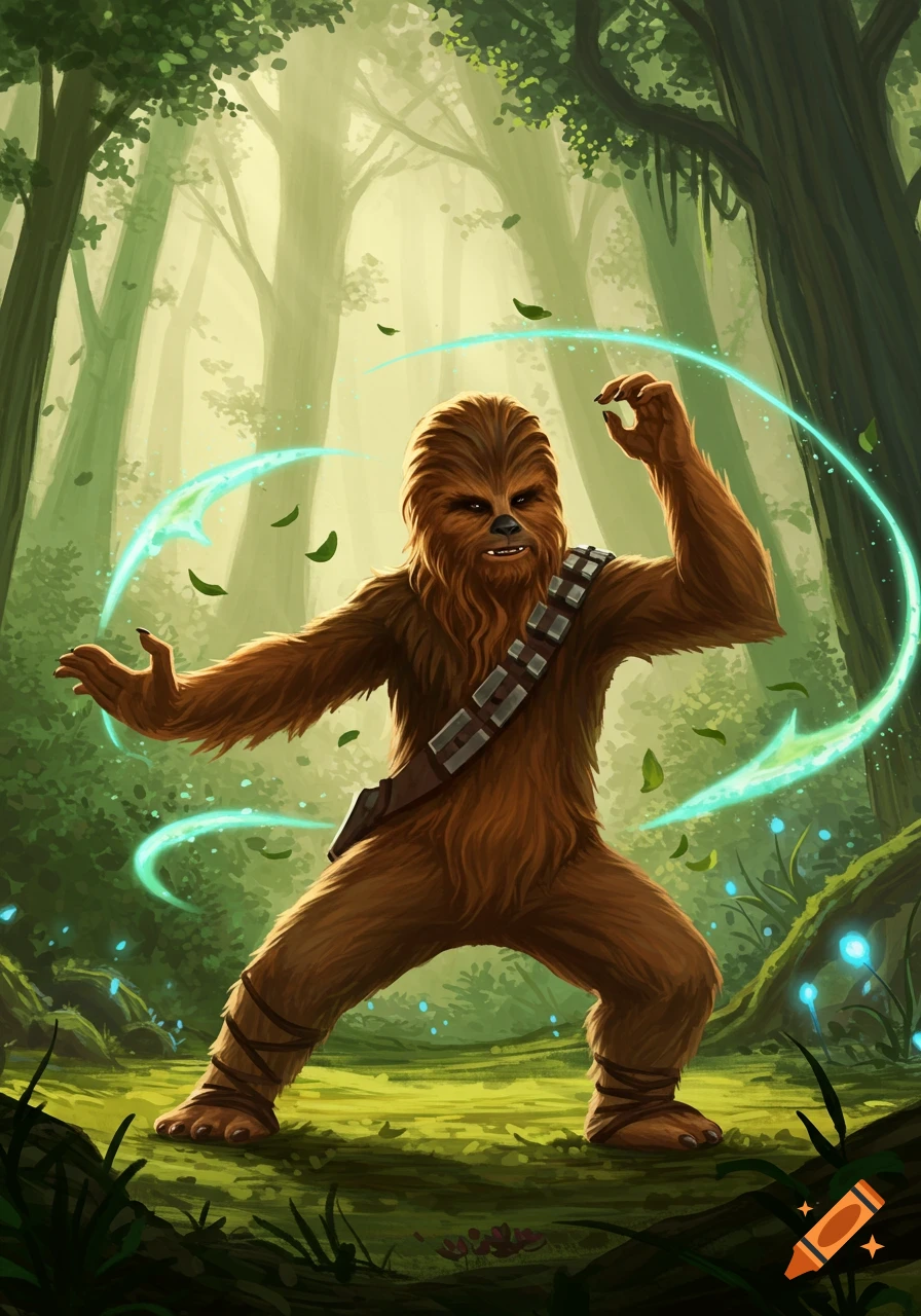 Chewbacca performs Kung fu in a lush green forest, surrounded by glowing blue energy, in an illustrative style.