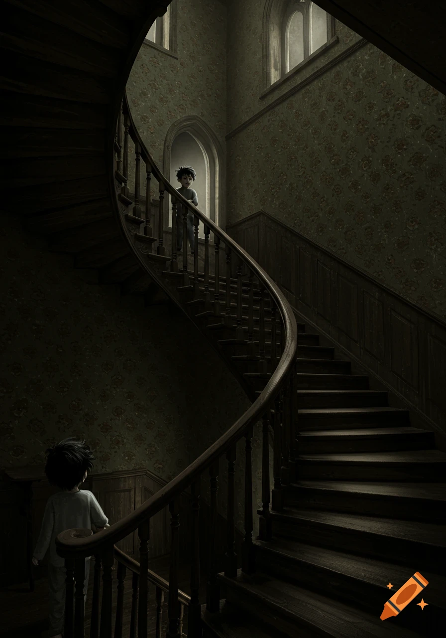 A dark, creepy Victorian staircase with a young boy in pajamas looking scared at the top landing, and another boy on the lower steps.