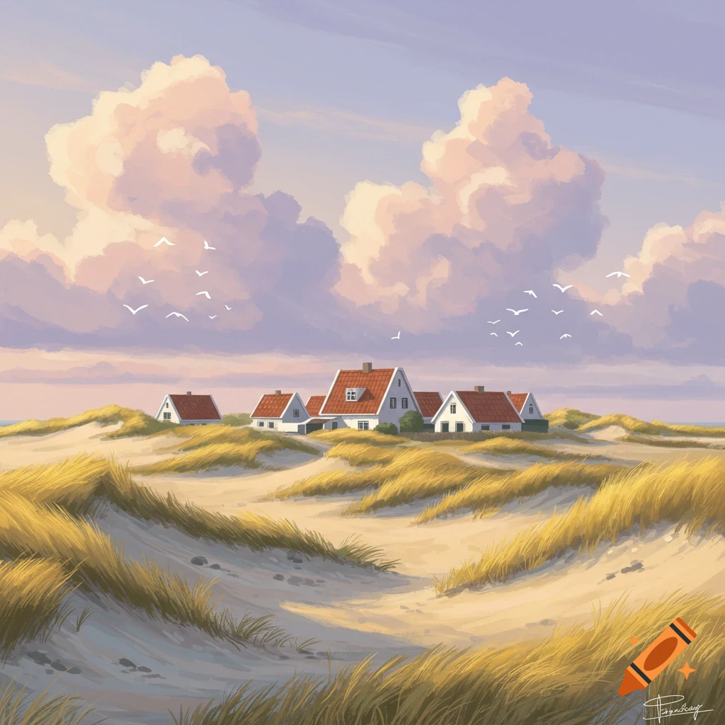 A serene painting of white houses with red roofs nestled in sandy dunes with tall golden grass, under a cloudy sky with flying birds.