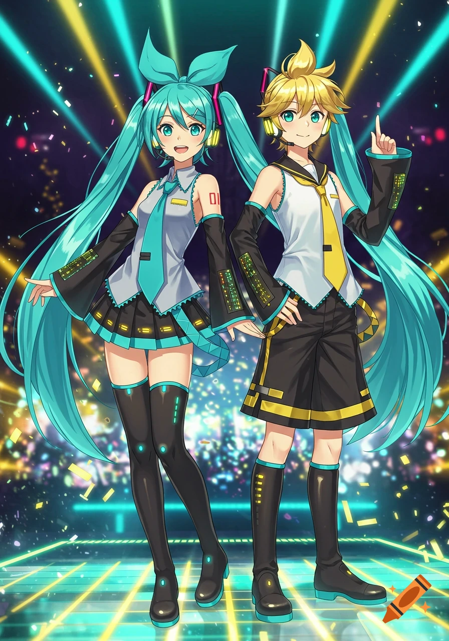 Hatsune Miku and Kagamine Len stand on a glowing stage amidst confetti and spotlights, in an anime style.