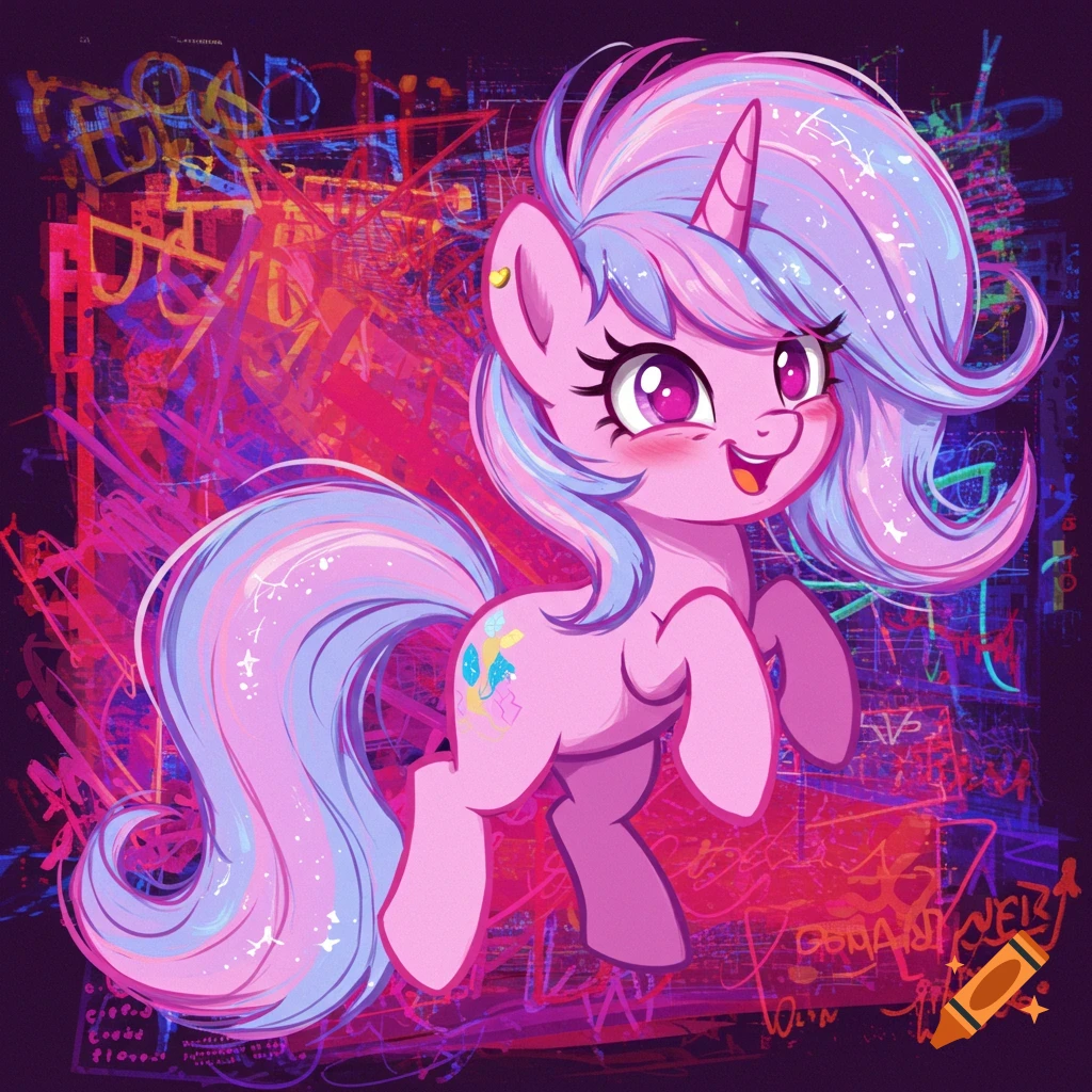 A cute, pink unicorn pony with a flowing pastel mane and tail stands against a dark background filled with colorful, abstract graffiti in a vibrant anime style.