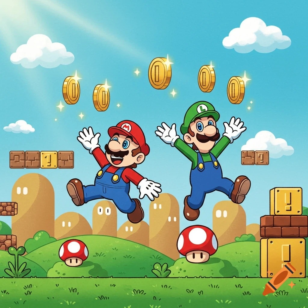 Cartoon Super Mario and Luigi leap collecting golden coins in a vibrant landscape with hills, mushrooms, and blocks.