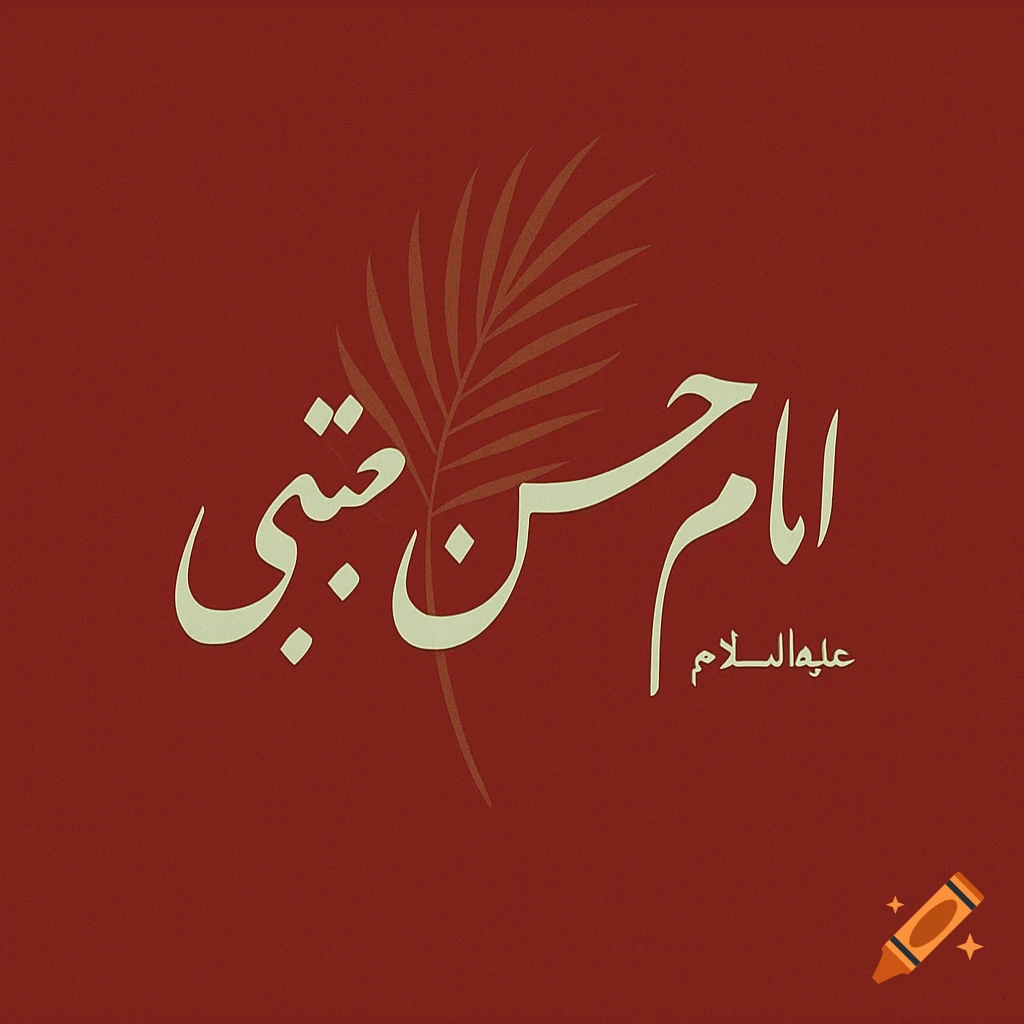 Beige Arabic calligraphy reading 'Imam Hassan Mujtaba' and 'Peace be upon him' on a warm red background with a subtle palm leaf.