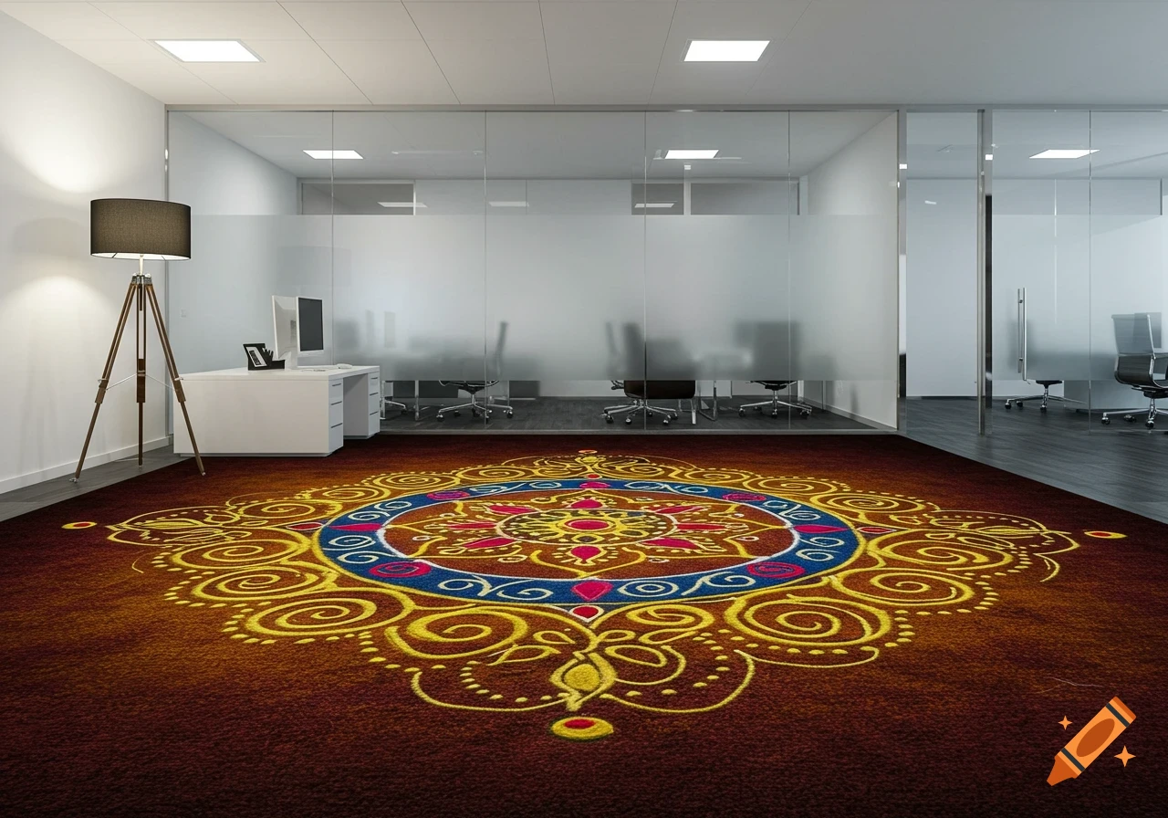 A colorful Rangoli design on a dark red office carpet in a modern office with glass walls and cubicles.