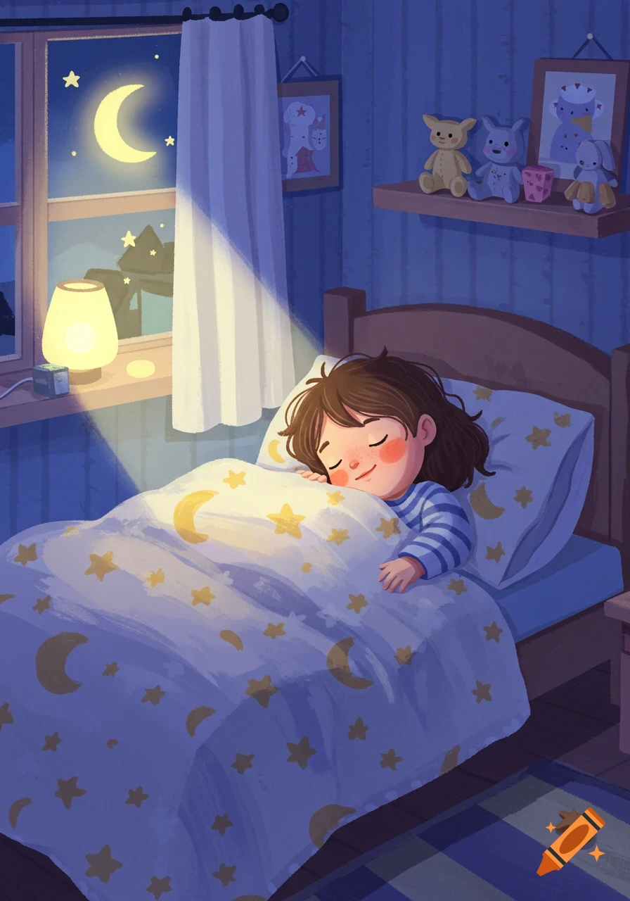 A cartoon child sleeps peacefully in a bed with star and moon patterned blankets in a dimly lit bedroom.