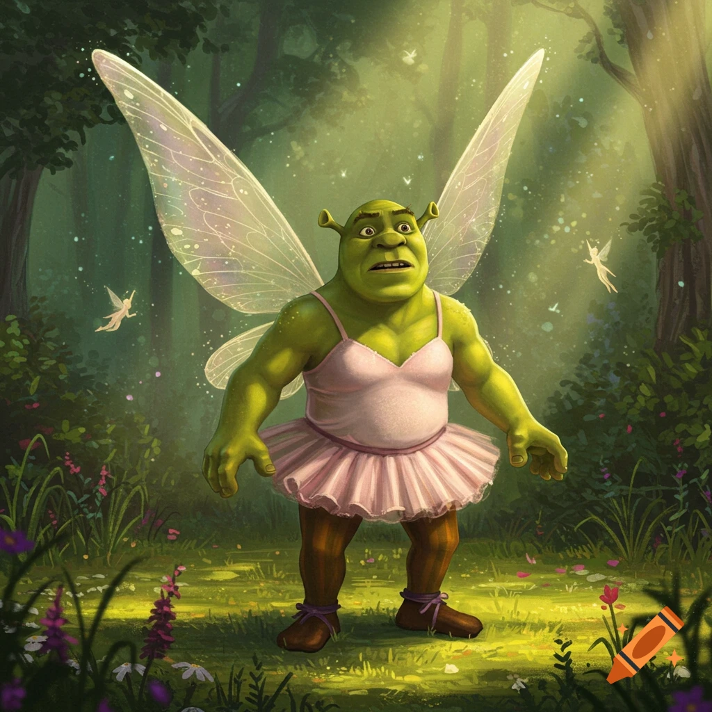 Green-skinned Shrek wears a pink ballerina dress and large iridescent fairy wings, looking surprised in a magical forest clearing with small fairies.