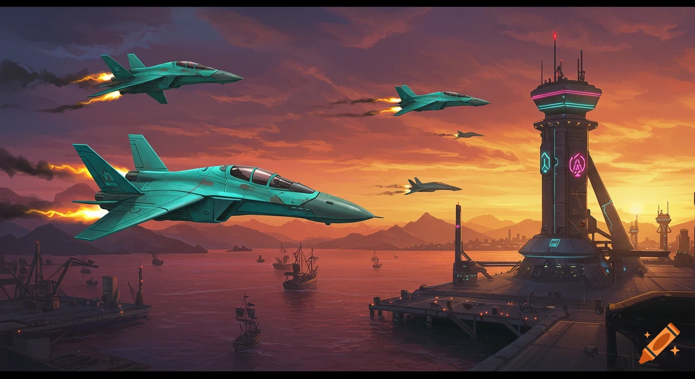 Several turquoise futuristic fighter jets fly across a dramatic orange and red sunset sky above a futuristic harbor city with a tall, neon-accented command tower and old sailing ships, in a concept art style.