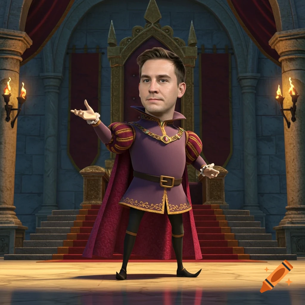 A man's realistic head on a cartoon body dressed as a prince, standing in a grand throne room.