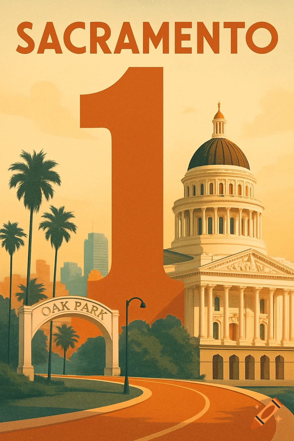 Illustrated Sacramento poster with the Capitol building, palm trees, Oak Park arch, and the number 1.