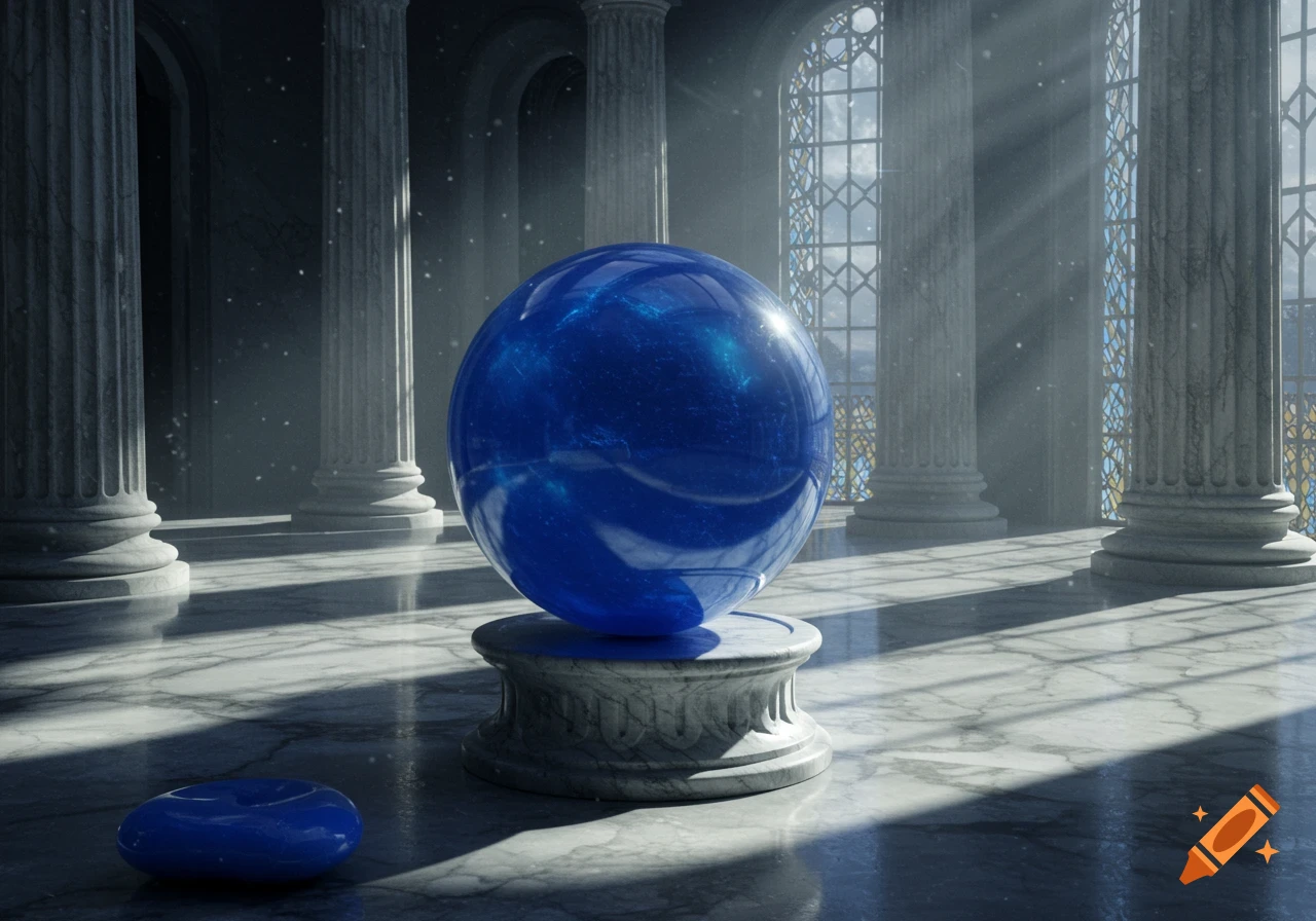 A large, shiny blue sphere on a stone pedestal in a grand hall with classical columns and arched windows, bathed in light.