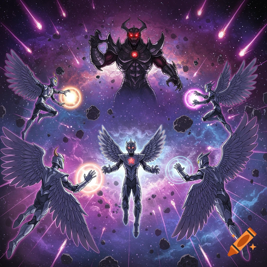 Winged silver-armored heroes battle a horned, red-eyed villain in a vibrant cosmic scene, comic art style.