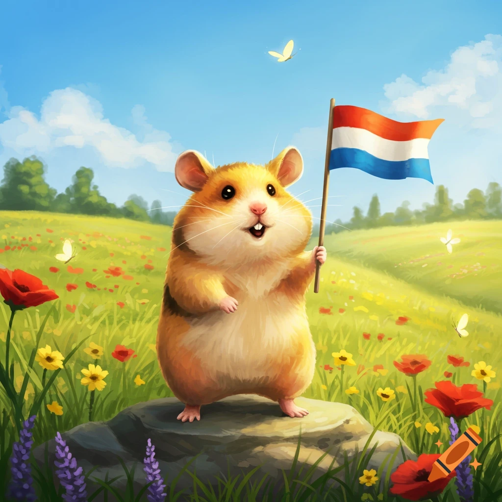 A cute, fluffy hamster stands on a rock in a flower-filled meadow, happily waving a Dutch flag under a blue sky.