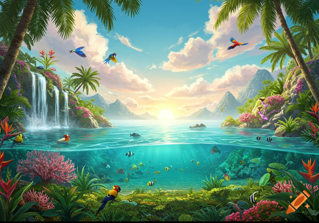 A vibrant tropical paradise with a split-level view of an ocean and underwater coral, waterfall, palm trees, birds, and fish.