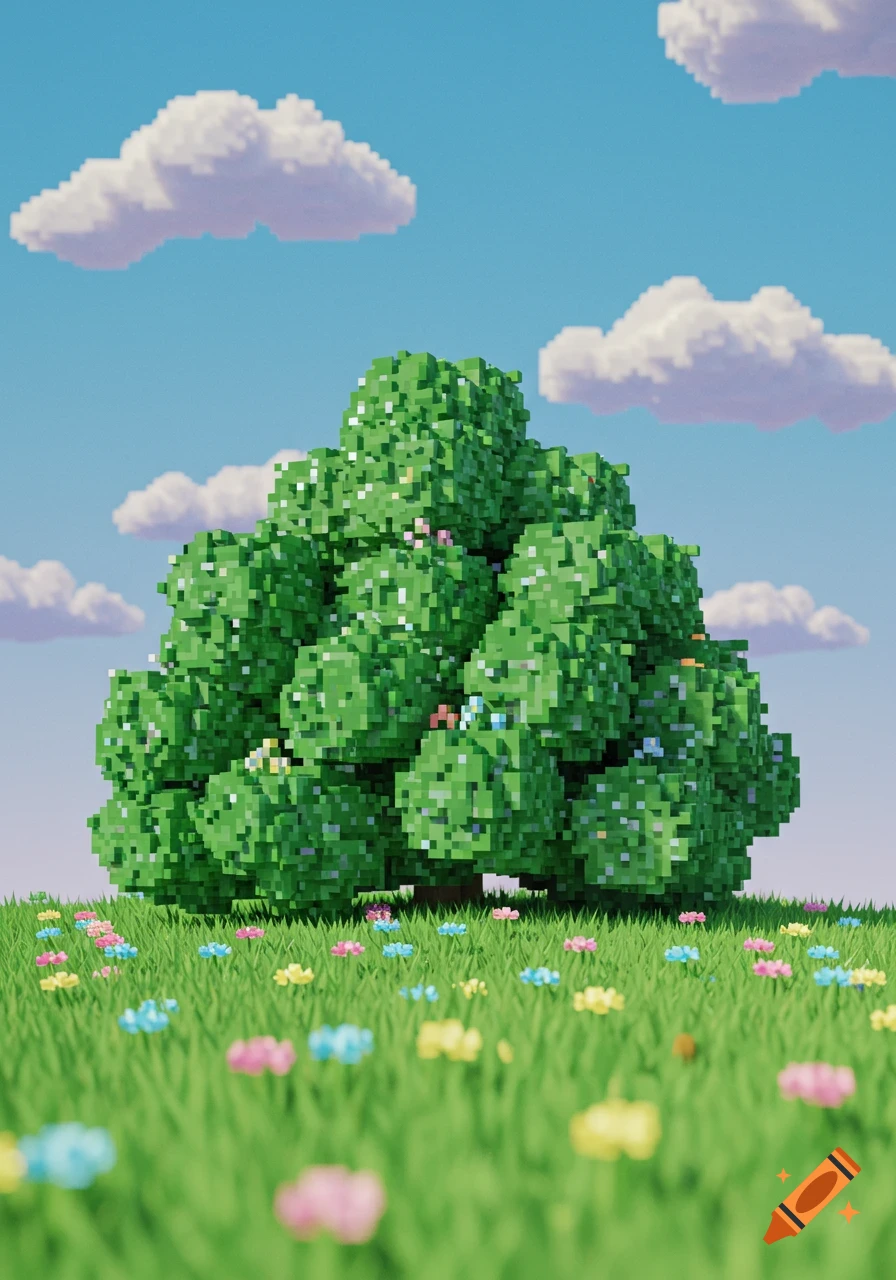 A pixelated green bush in a field with colorful pixelated flowers under a blue sky with pixelated clouds.