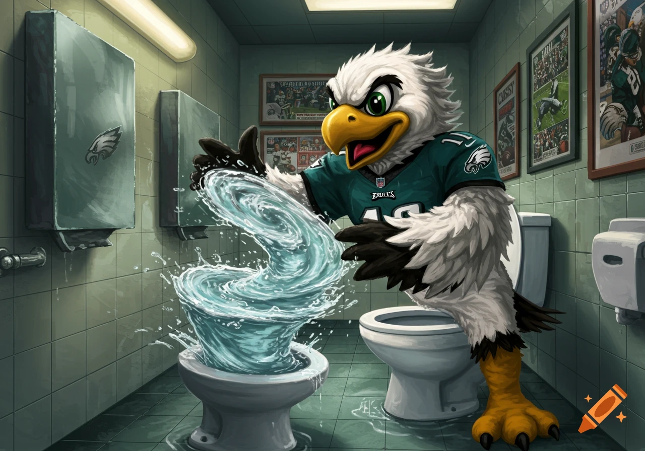 A cartoon Philadelphia Eagles mascot in a tiled public bathroom, swirling water in a toilet with its hands.