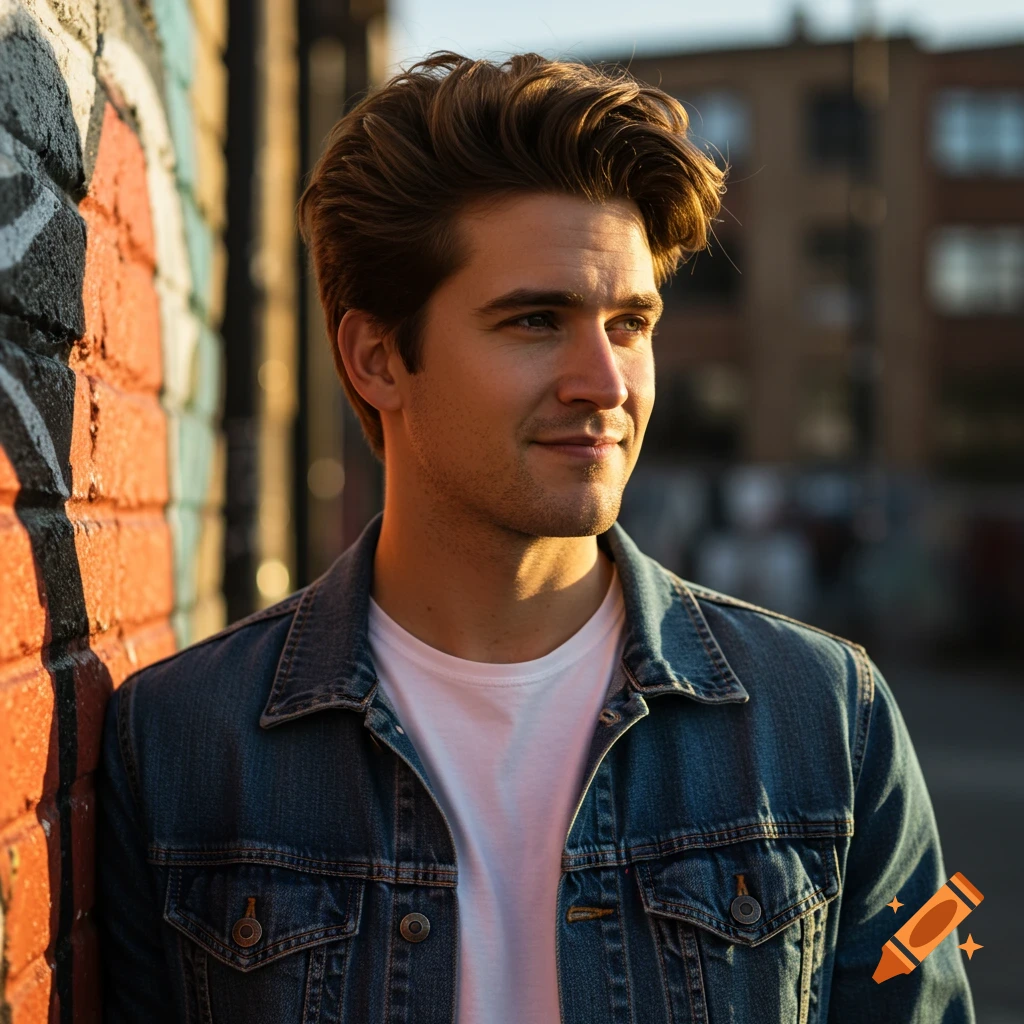 Photorealistic portrait of a handsome young man in a denim jacket, leaning against a graffiti-covered brick wall in an urban setting.