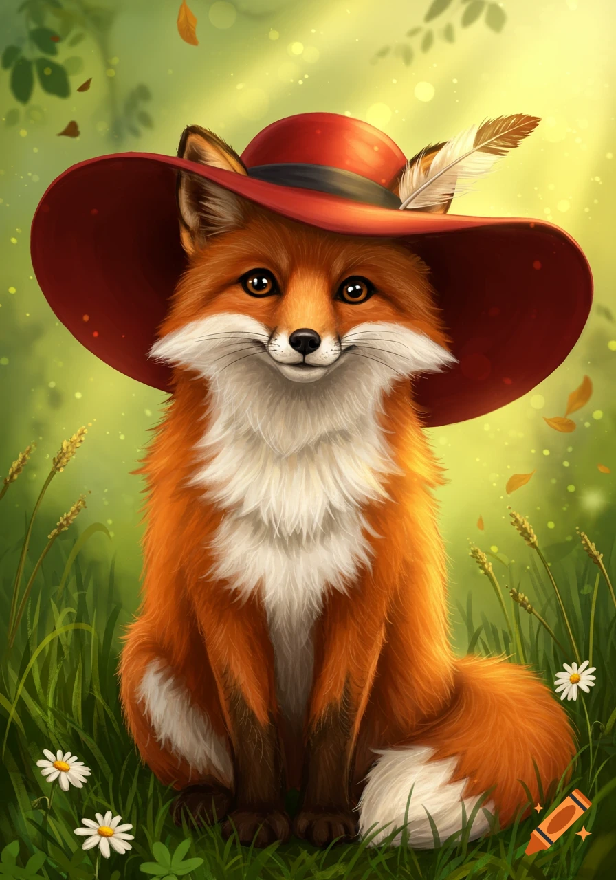 A cute orange fox with white fur on its chest and face wears a red wide-brimmed hat with a feather, sitting in a sunny grassy field with white daisies, in a digital illustration style.