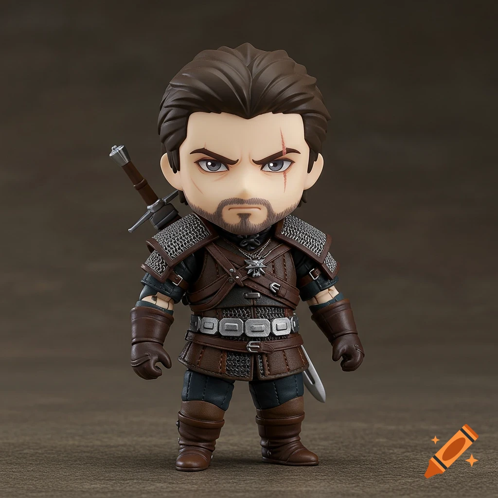 A stylized Nendoroid figure of Lambert from The Witcher 3, wearing dark leather armor with chainmail shoulders and carrying a sword on his back.