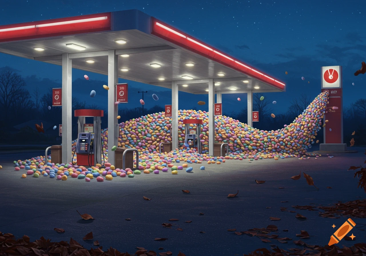 A surreal image of a gas station at night, rapidly filling and overflowing with colorful circus peanuts, with some peanuts floating in the air and fallen leaves on the ground.