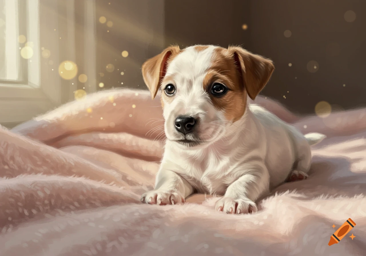 A cute Jack Russell puppy with brown and white fur lies on a soft pink blanket in a painterly style.