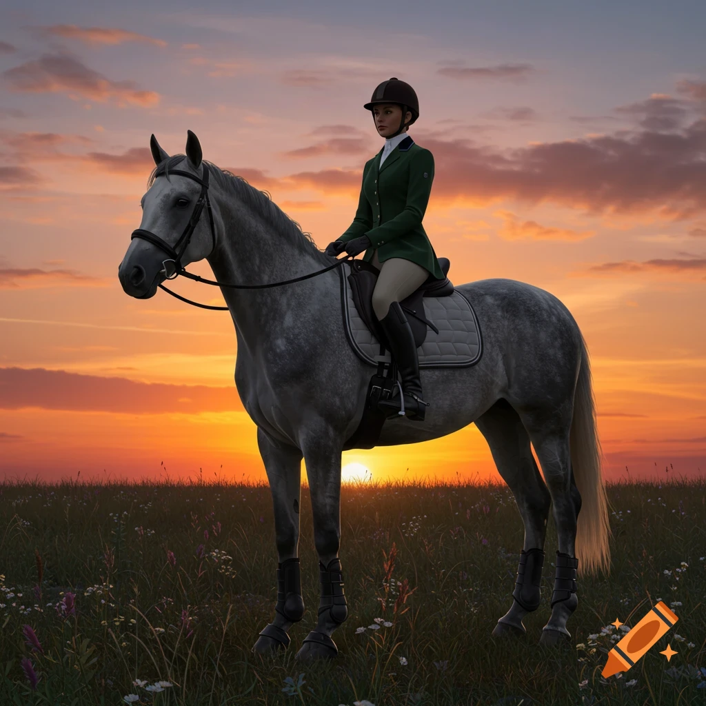 A woman in a green riding jacket and boots sits on a dapple grey horse in a grassy field at sunset.